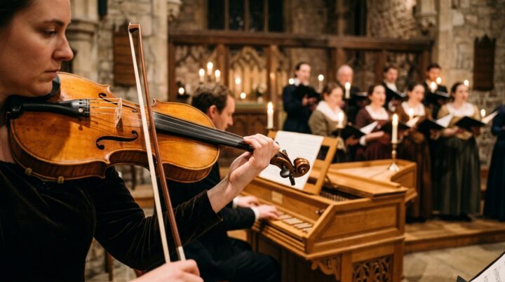 An evocative close-up photo of a period ensemble performing in a softly lit, warm wood or stone hall: focus on the warm wood grain of a Baroque violin with gut strings or the wooden keys of a chamber organ, with the choir softly blurred in the background holding lit sheet music.