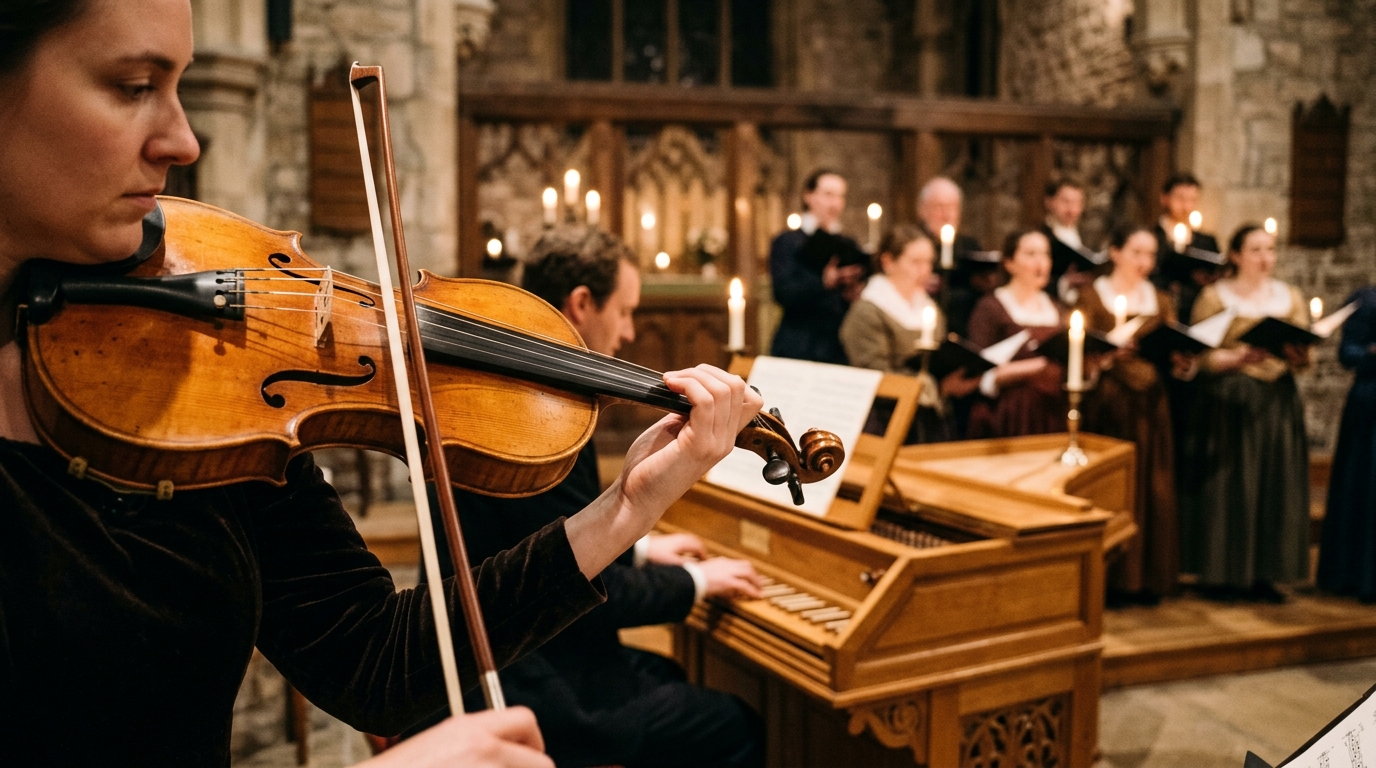 An evocative close-up photo of a period ensemble performing in a softly lit, warm wood or stone hall: focus on the warm wood grain of a Baroque violin with gut strings or the wooden keys of a chamber organ, with the choir softly blurred in the background holding lit sheet music.